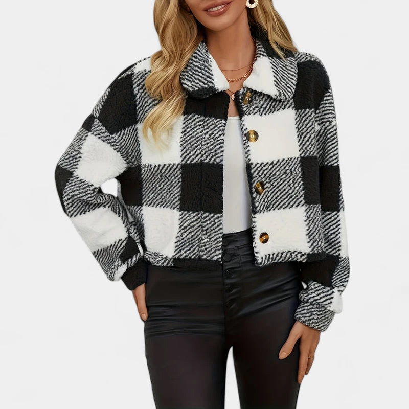 Gleame.-Jassen-Gleame Jas - Damesjas met knopen en geruit teddy design