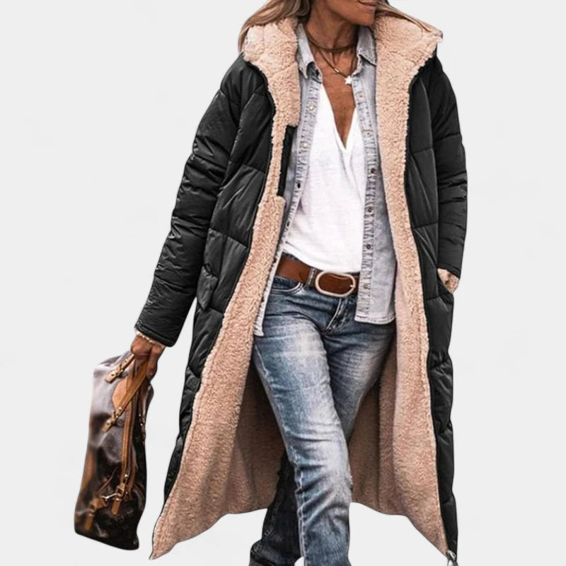 Gleame.-Jassen-Gleame Lange winterjas – Warme damesjas met fleece voering en capuchon