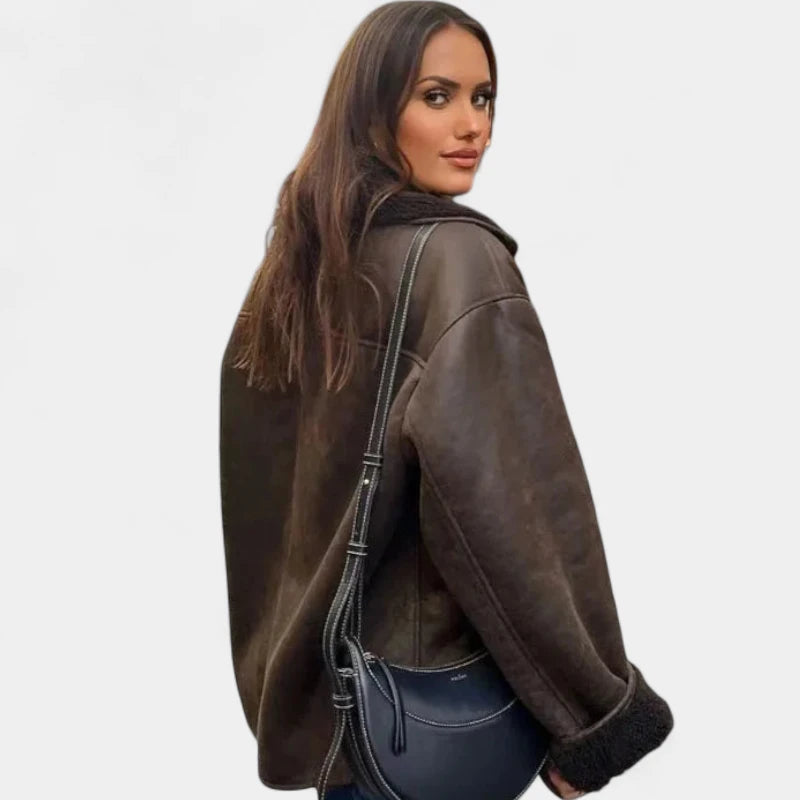 Gleame.-Jassen-Gleame Leren Jas - Stijlvolle jas met brede kraag voor dames