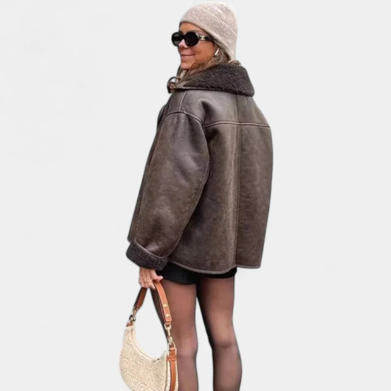 Gleame.-Jassen-Gleame Leren Jas - Stijlvolle jas met brede kraag voor dames