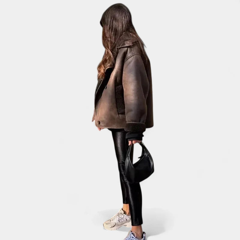 Gleame.-Jassen-Gleame Leren Jas - Stijlvolle jas met brede kraag voor dames