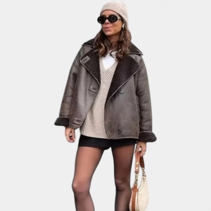 Gleame.-Jassen-Gleame Leren Jas - Stijlvolle jas met brede kraag voor dames