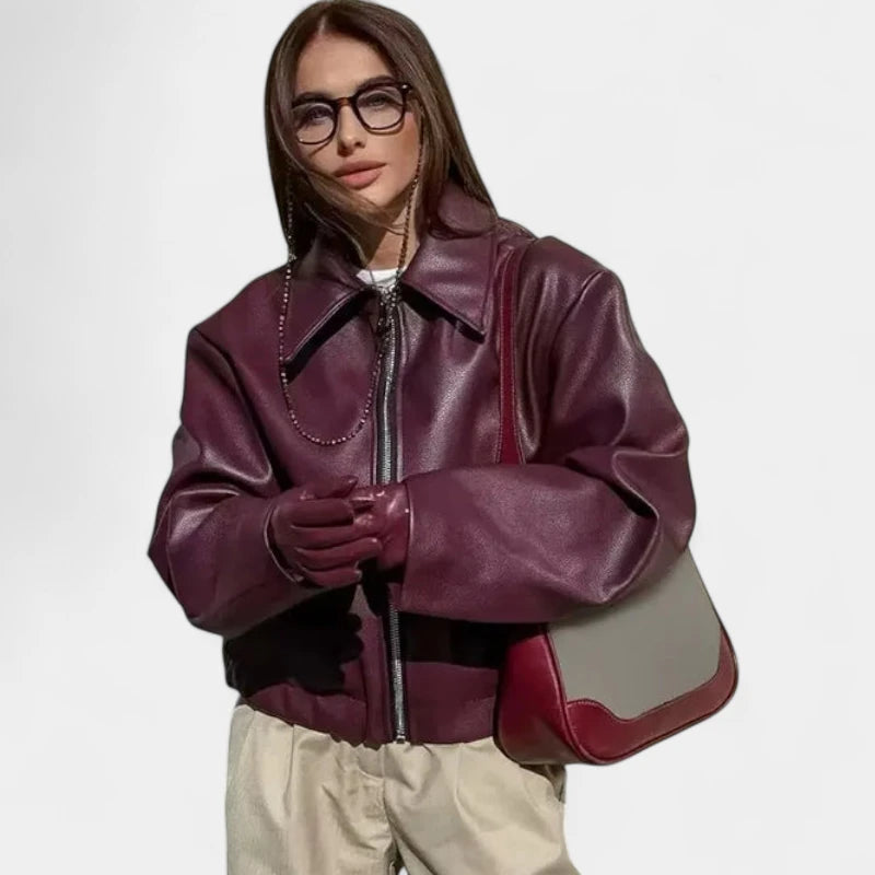 Gleame.-Jassen-Gleame Leren Jas - Stoere jas met ritssluiting en klassieke reverskraag voor dames