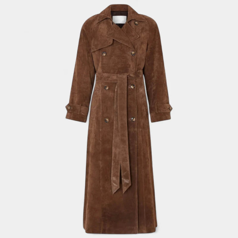 Gleame.-Jassen-Gleame Trenchcoat – Lange damesmantel van suèdelook met dubbele knopenrij en strikceintuur