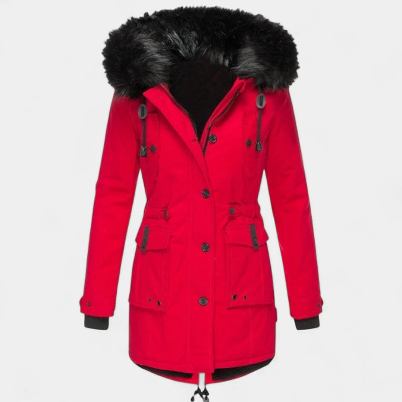 Gleame.-Jassen-Gleame Winterjas - Dames jas met taillekoord en capuchon met bontkraag