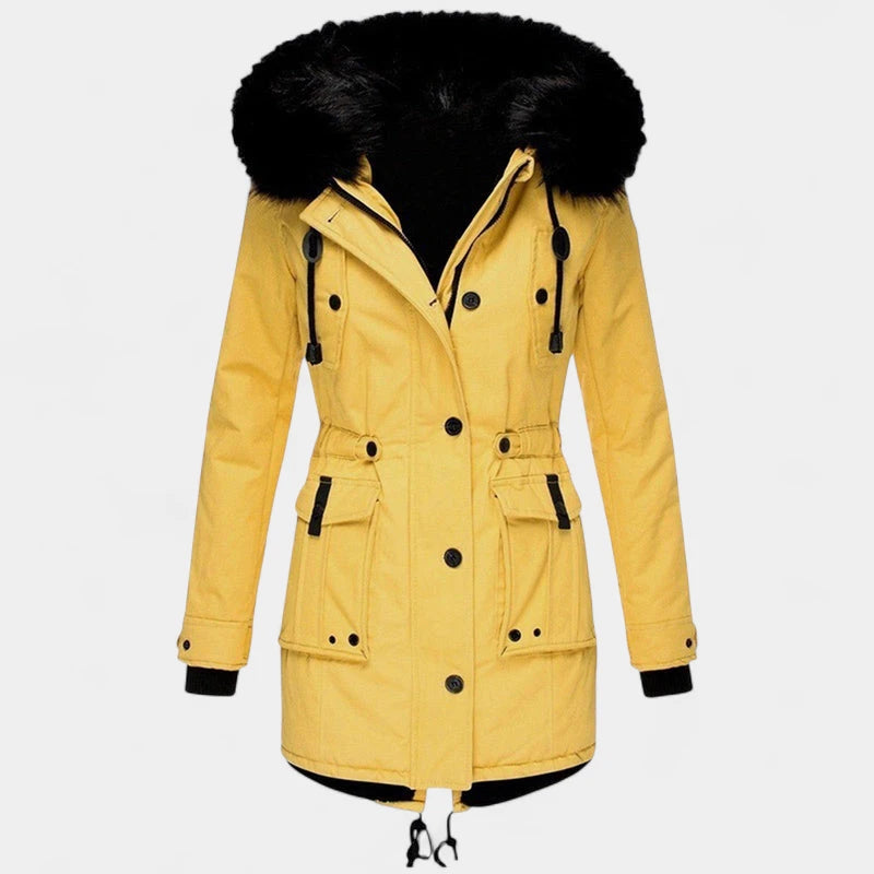 Gleame.-Jassen-Gleame Winterjas - Dames jas met taillekoord en capuchon met bontkraag