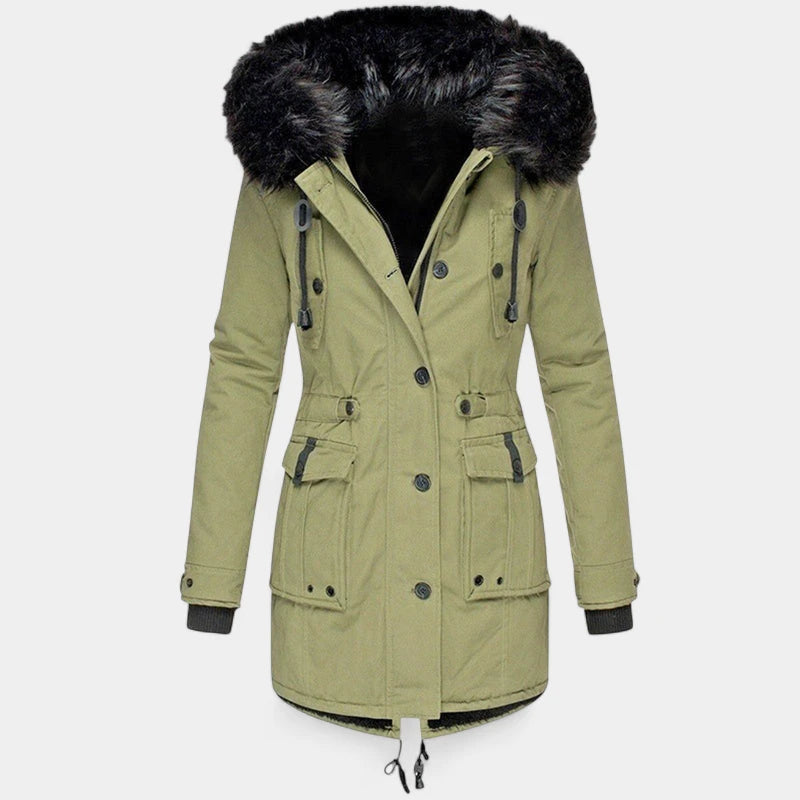 Gleame.-Jassen-Gleame Winterjas - Dames jas met taillekoord en capuchon met bontkraag