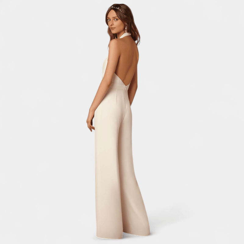 Gleame.-Jumpsuits-Gleame Jumpsuit - Lange jumpsuit met wijde pijpen en halternek