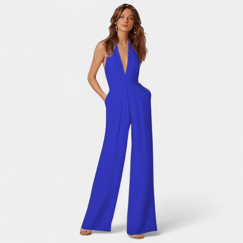 Gleame.-Jumpsuits-Gleame Jumpsuit - Lange jumpsuit met wijde pijpen en halternek