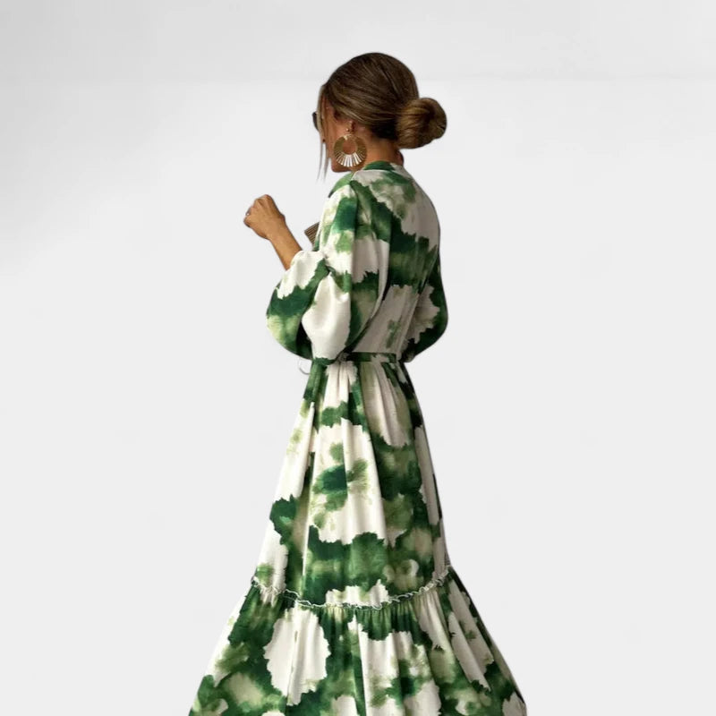 Gleame.-Jurken & Jumpsuits-Gleame Damesjurk - Lange mouwen V-hals maxi jurk met bloemenprint