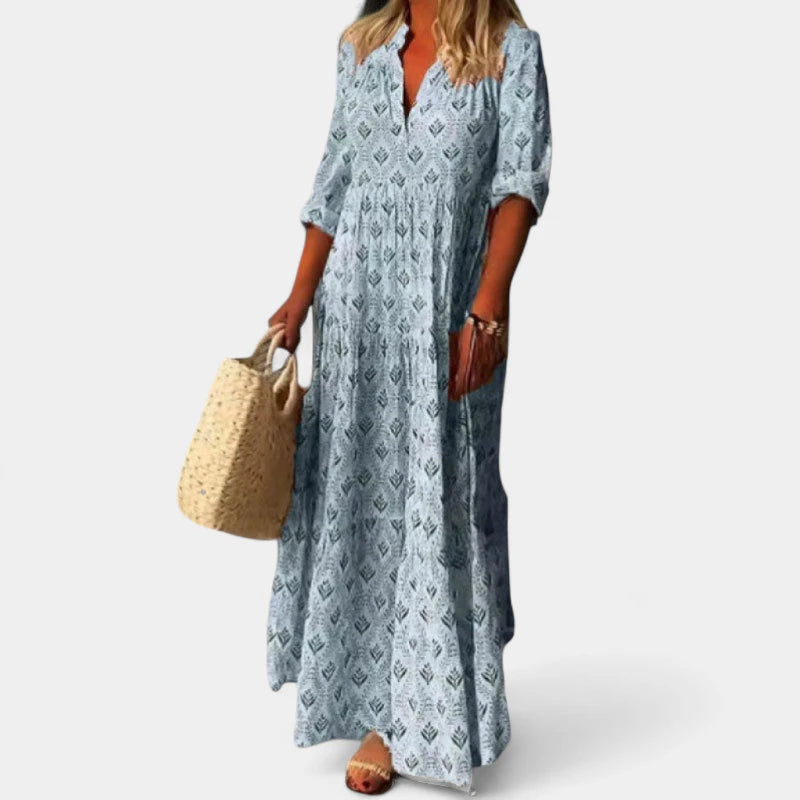 Gleame.-Jurken & Jumpsuits-Gleame Damesjurk - Loose fit V-hals maxi jurk met boho print