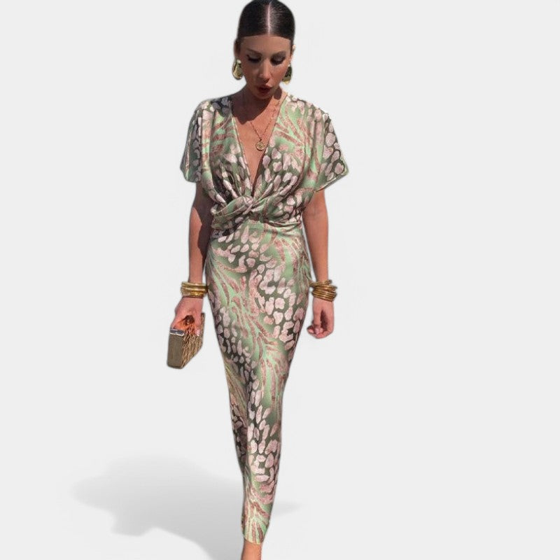 Gleame.-Jurken & Jumpsuits-Gleame Dress - Nieuwe fashion sexy jurk met korte mouwen, V-hals en slanke pasvorm voor vrouwen