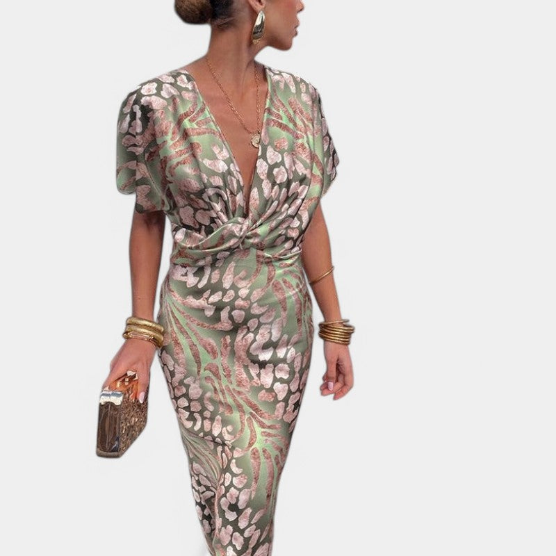 Gleame.-Jurken & Jumpsuits-Gleame Dress - Nieuwe fashion sexy jurk met korte mouwen, V-hals en slanke pasvorm voor vrouwen