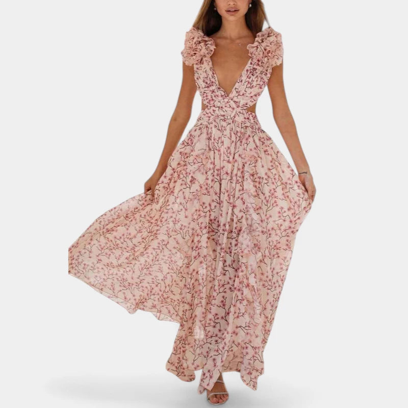 Gleame.-Jurken & Jumpsuits-Gleame Jurk - Bloemen maxi-jurk met diepe V-hals en open rug