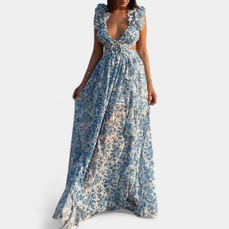 Gleame.-Jurken & Jumpsuits-Gleame Jurk - Bloemen maxi-jurk met diepe V-hals en open rug