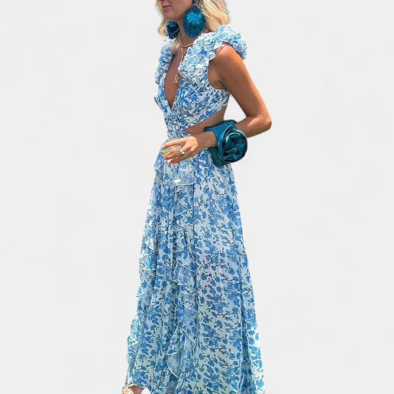 Gleame.-Jurken & Jumpsuits-Gleame Jurk - Bloemen maxi-jurk met diepe V-hals en open rug