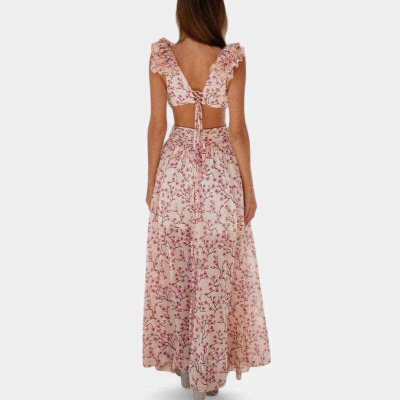 Gleame.-Jurken & Jumpsuits-Gleame Jurk - Bloemen maxi-jurk met diepe V-hals en open rug