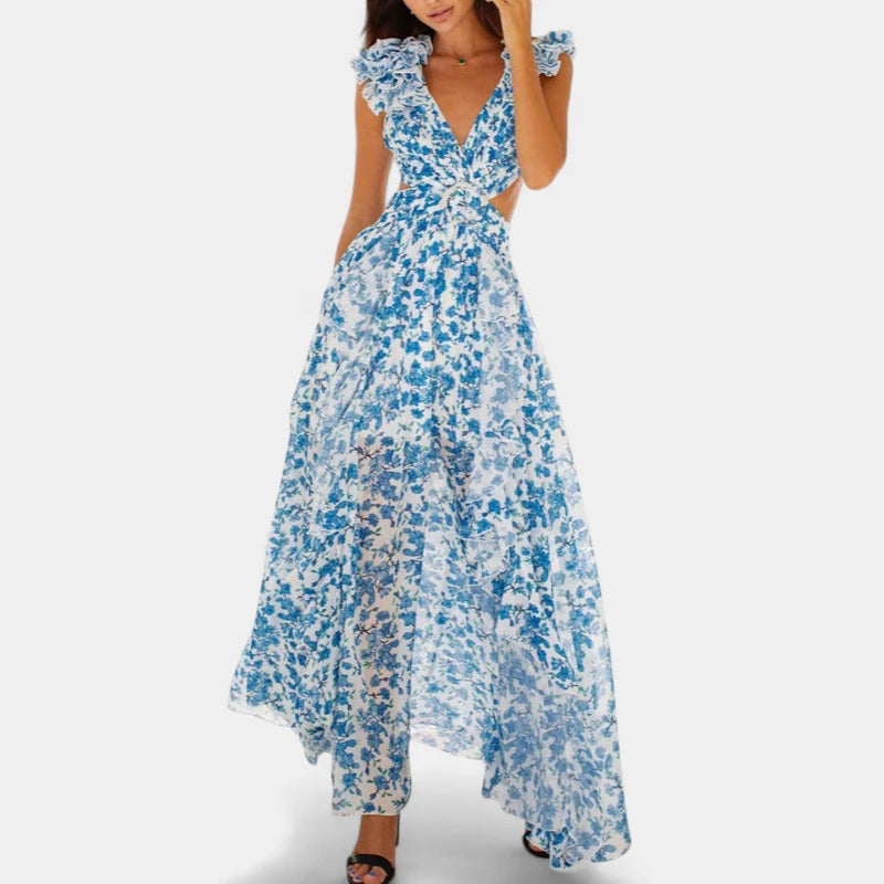 Gleame.-Jurken & Jumpsuits-Gleame Jurk - Bloemen maxi-jurk met diepe V-hals en open rug