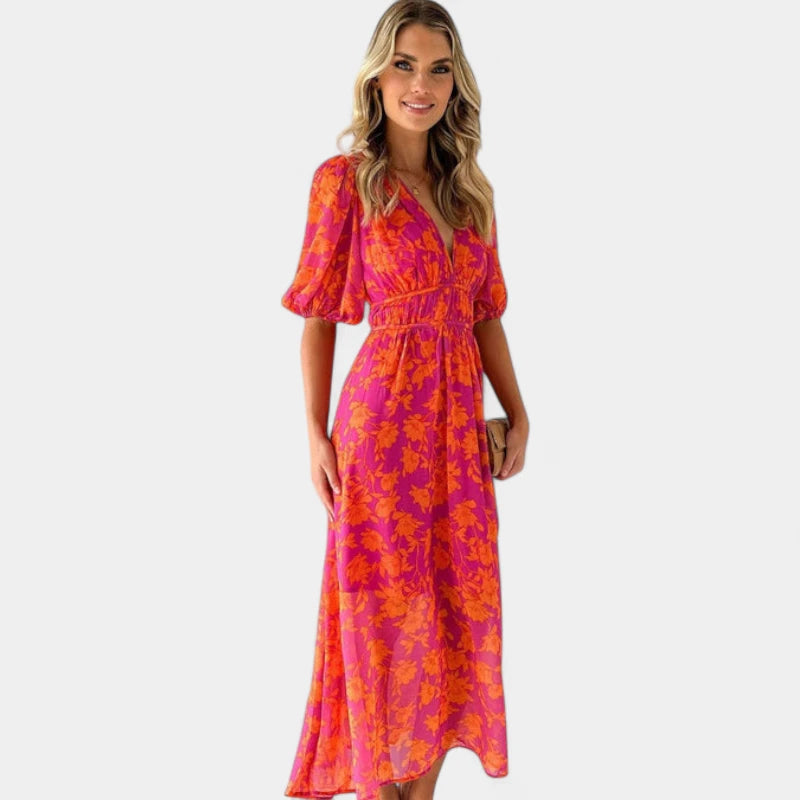 Gleame.-Jurken & Jumpsuits-Gleame Jurk – Bloemige maxi damesjurk met V-hals en korte pofmouwen