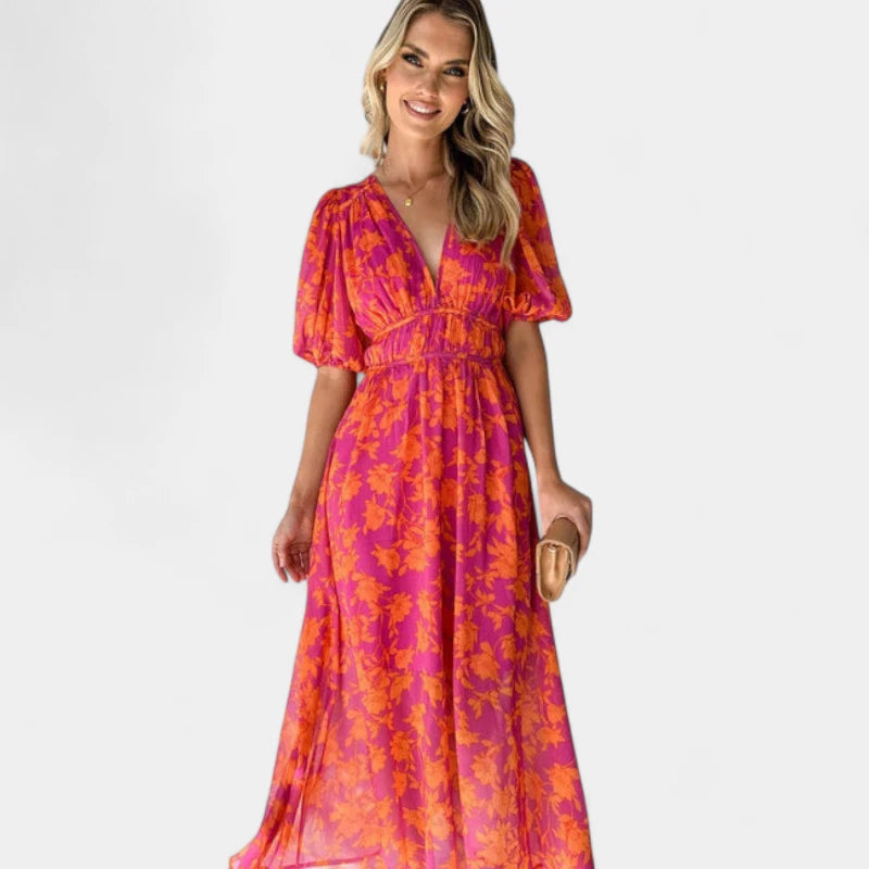 Gleame.-Jurken & Jumpsuits-Gleame Jurk – Bloemige maxi damesjurk met V-hals en korte pofmouwen