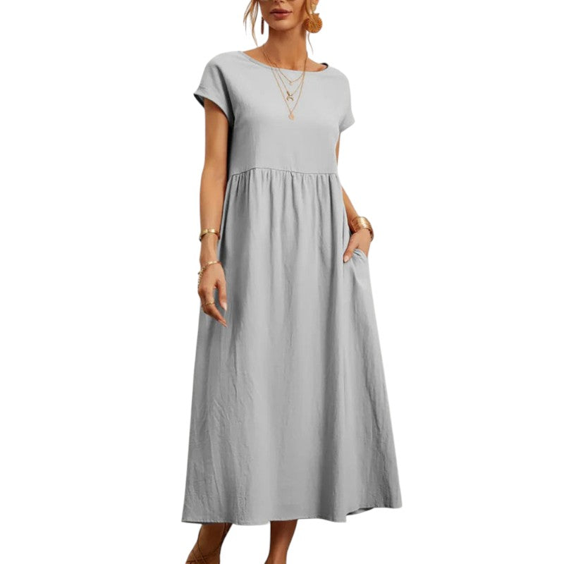 Gleame.-Jurken & Jumpsuits-Gleame Jurk - Casual lange jurk van katoen en linnen met korte mouwen