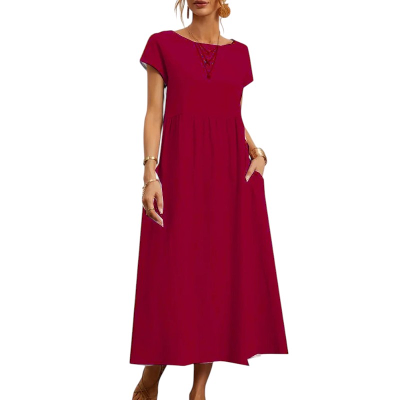 Gleame.-Jurken & Jumpsuits-Gleame Jurk - Casual lange jurk van katoen en linnen met korte mouwen