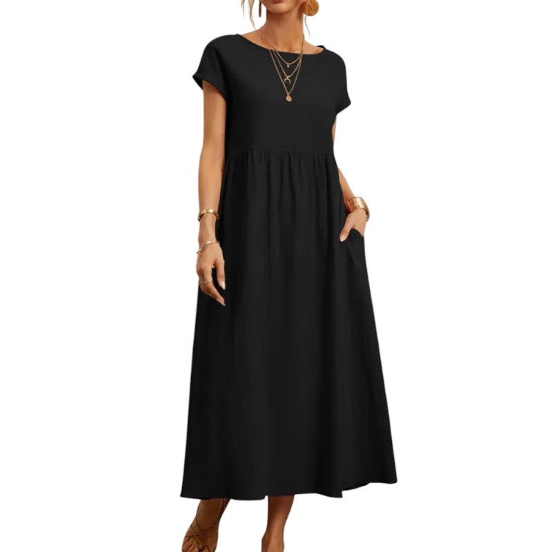 Gleame.-Jurken & Jumpsuits-Gleame Jurk - Casual lange jurk van katoen en linnen met korte mouwen