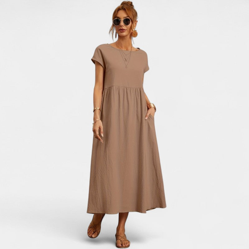 Gleame.-Jurken & Jumpsuits-Gleame Jurk - Elegant O-hals korte mouw casual lange jurk