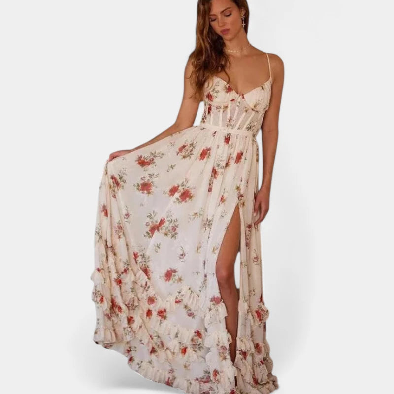 Gleame.-Jurken & Jumpsuits-Gleame Jurk - Elegante maxi-jurk met bloemenprint en hoge split