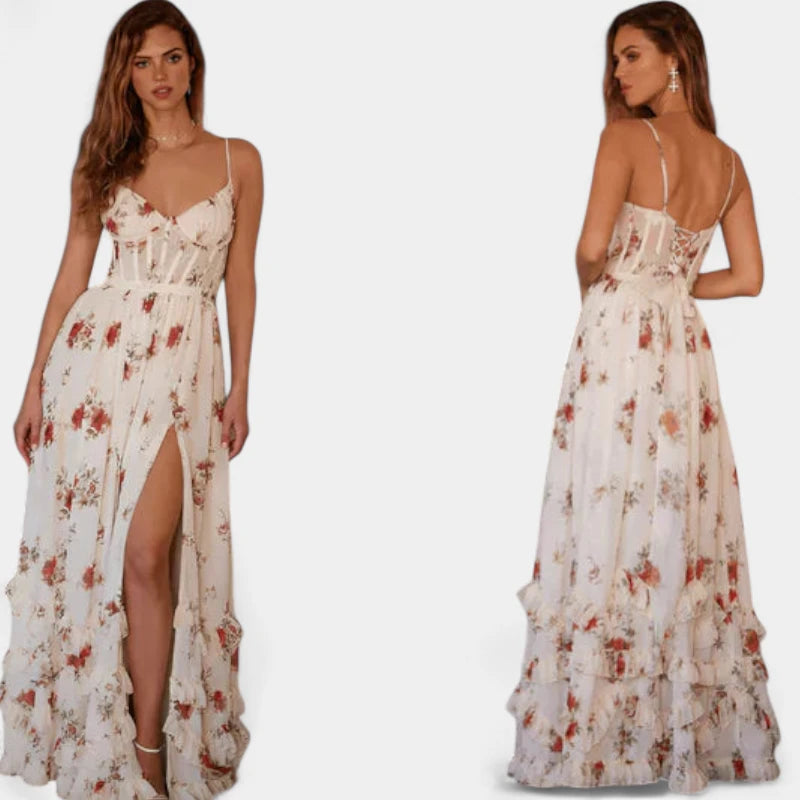 Gleame.-Jurken & Jumpsuits-Gleame Jurk - Elegante maxi-jurk met bloemenprint en hoge split