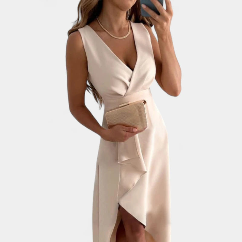 Gleame.-Jurken & Jumpsuits-Gleame Jurk – Elegante maxi damesjurk met V-hals en asymmetrische wikkelrok