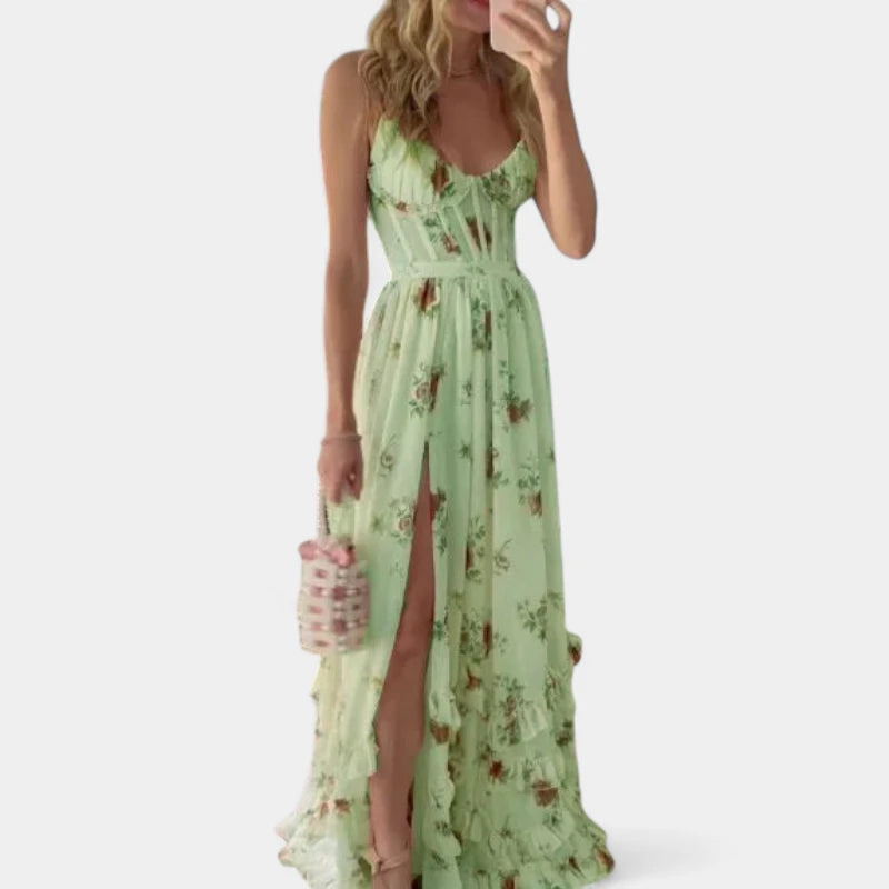 Gleame.-Jurken & Jumpsuits-Gleame Jurk - Elegante maxi-jurk met bloemenprint en hoge split