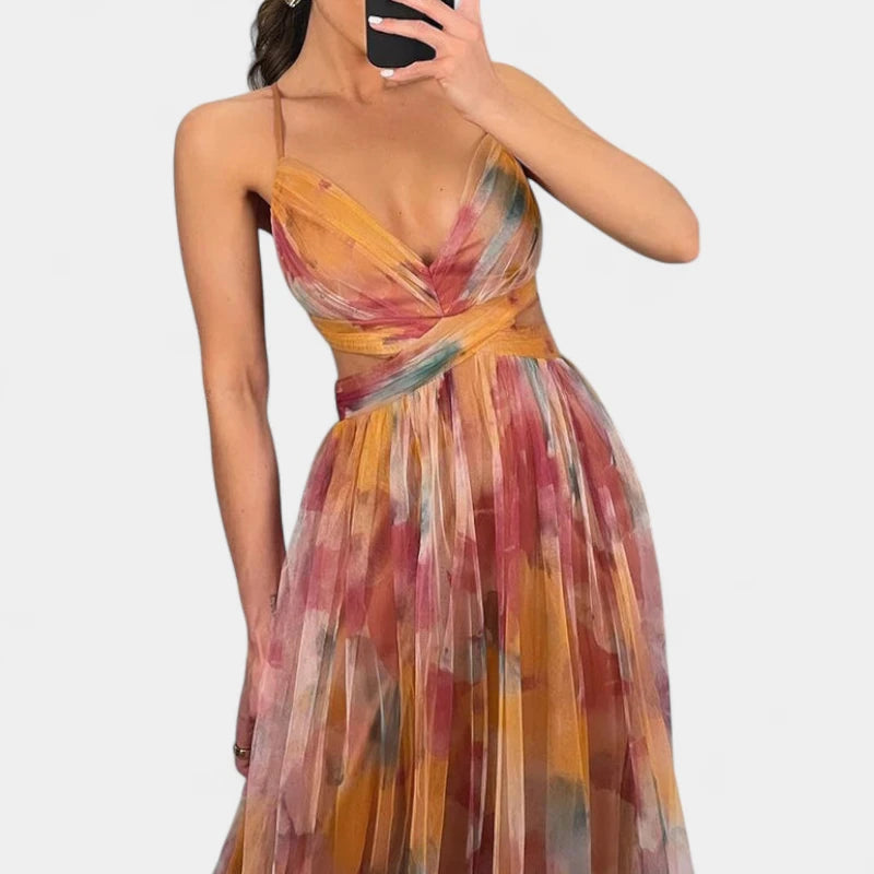 Gleame.-Jurken & Jumpsuits-Gleame Jurk – Maxi damesjurk met kleurrijke print en spaghetti bandjes voor een elegante look