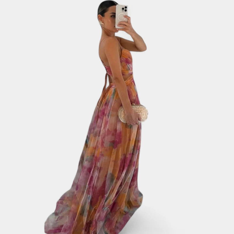 Gleame.-Jurken & Jumpsuits-Gleame Jurk – Maxi damesjurk met kleurrijke print en spaghetti bandjes voor een elegante look