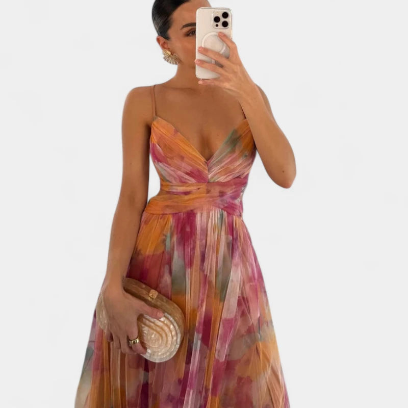 Gleame.-Jurken & Jumpsuits-Gleame Jurk – Maxi damesjurk met kleurrijke print en spaghetti bandjes voor een elegante look