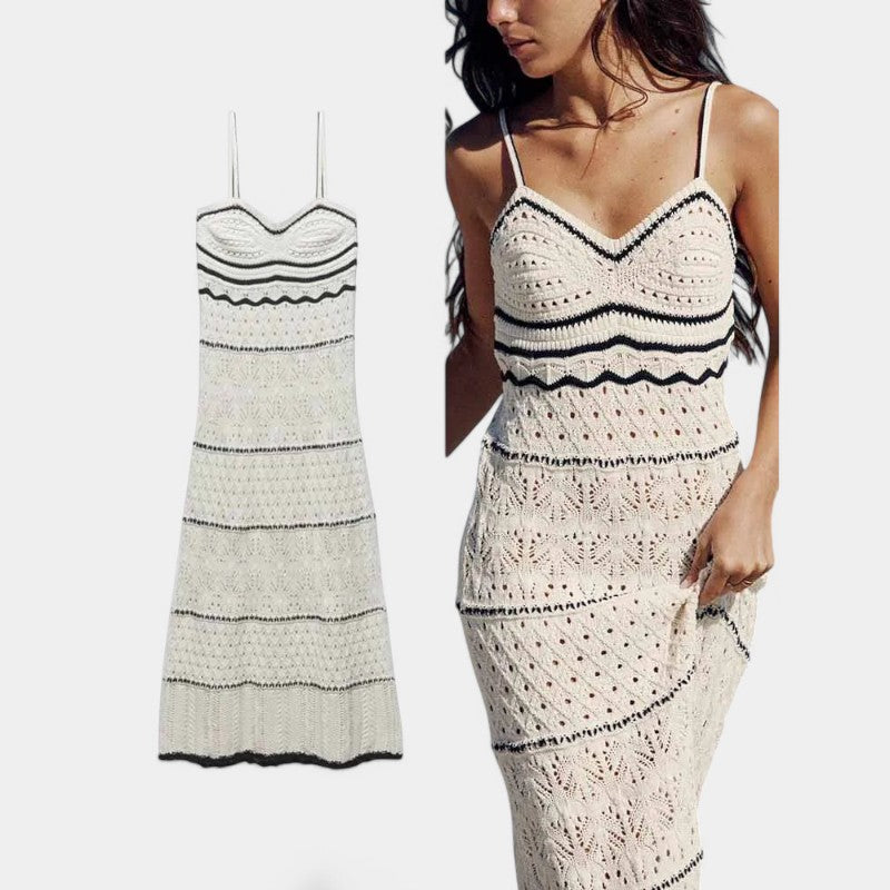 Gleame.-Jurken & Jumpsuits-Gleame Jurk - Mouwenloze V-hals jurk met hoge taille