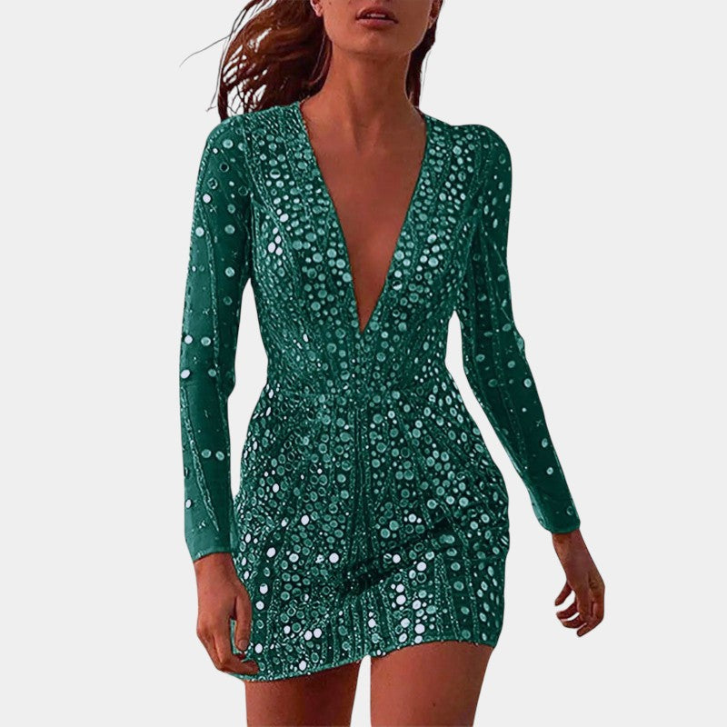 Gleame.-Jurken & Jumpsuits-Gleame Jurk - Sexy diepe V-hals met glanzende pailletten