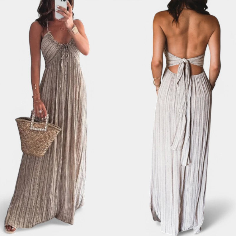 Gleame.-Jurken & Jumpsuits-Gleame Jurk - Stevige U-hals, hoge taille met mouwenloze stijl