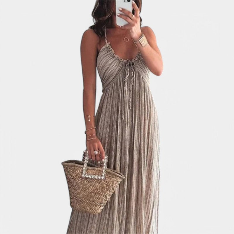 Gleame.-Jurken & Jumpsuits-Gleame Jurk - Stevige U-hals, hoge taille met mouwenloze stijl