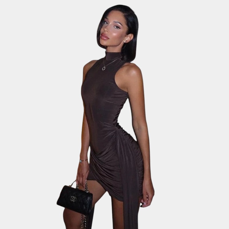 Gleame.-Jurken & Jumpsuits-Gleame Jurk - Strakke turtleneck mini dress zonder mouwen