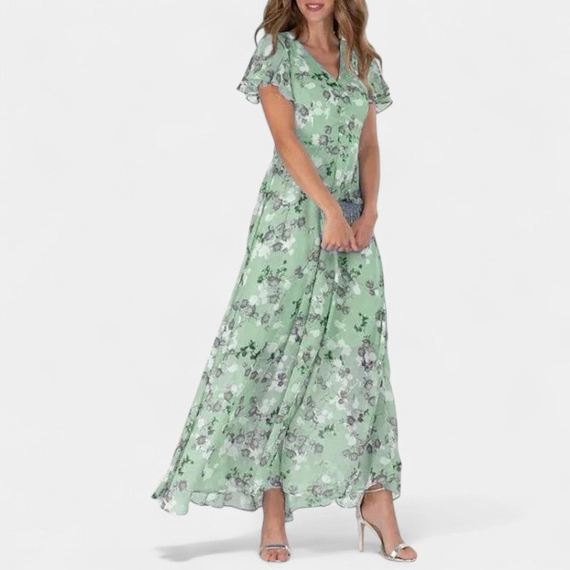 Gleame.-Jurken & Jumpsuits-Gleame Jurk - V-hals casual lange jurk met korte mouwen