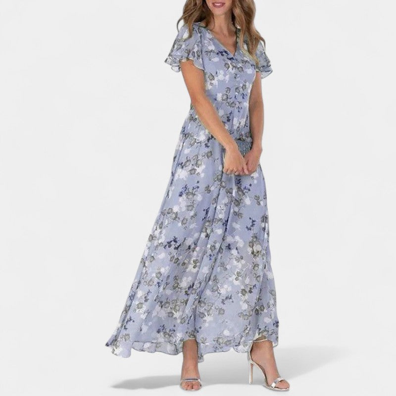 Gleame.-Jurken & Jumpsuits-Gleame Jurk - V-hals casual lange jurk met korte mouwen