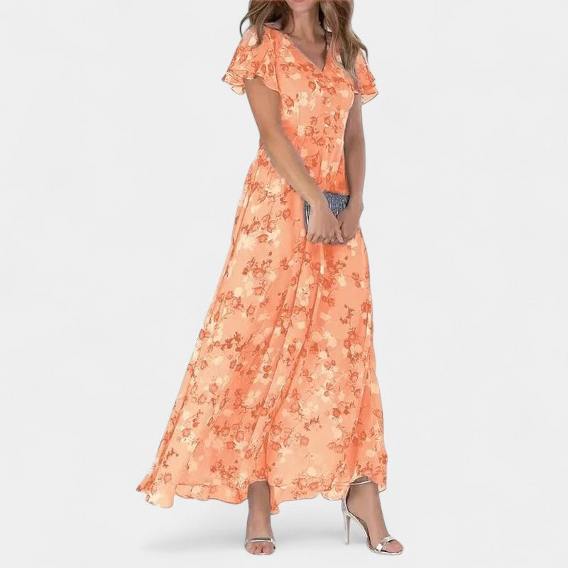 Gleame.-Jurken & Jumpsuits-Gleame Jurk - V-hals casual lange jurk met korte mouwen