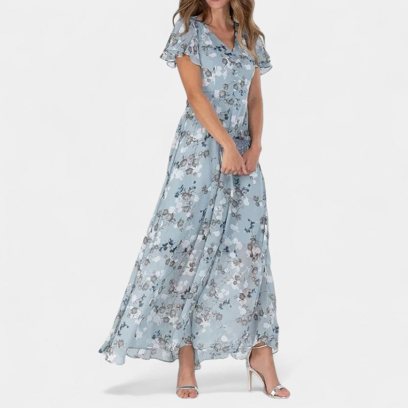 Gleame.-Jurken & Jumpsuits-Gleame Jurk - V-hals casual lange jurk met korte mouwen