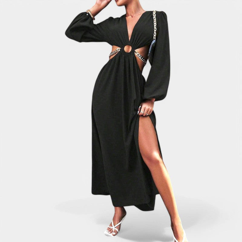 Gleame.-Jurken & Jumpsuits-Gleame Jurk - V-hals jurk met lange mouwen en casual stijl