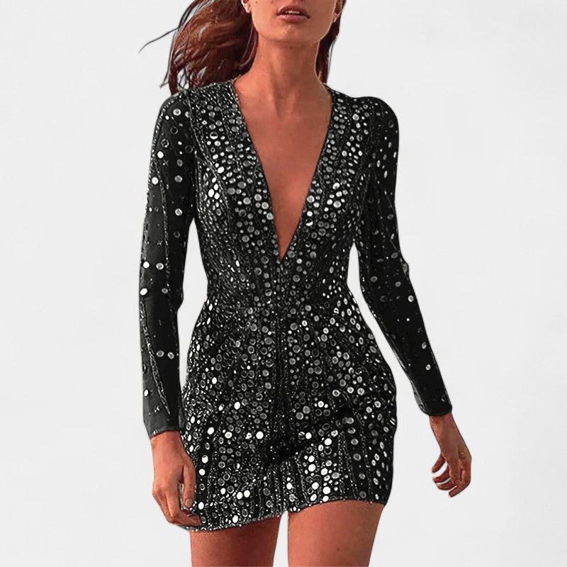 Gleame.-Jurken & Jumpsuits-Gleame Jurk - V-hals lange mouwen glanzende jurk