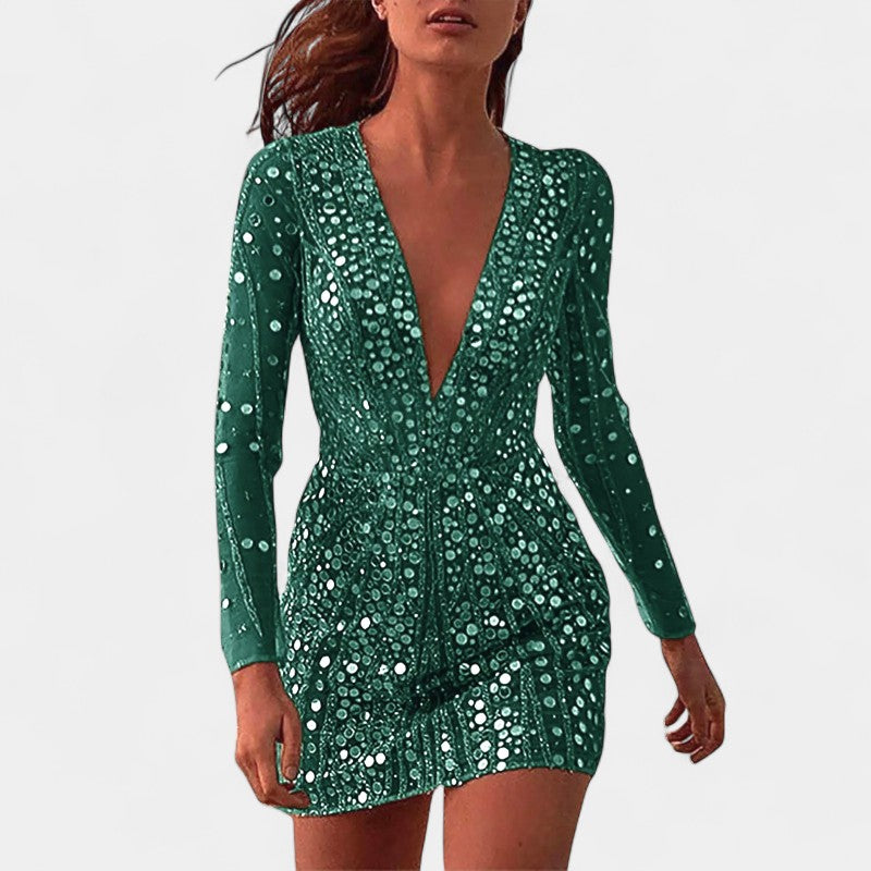 Gleame.-Jurken & Jumpsuits-Gleame Jurk - V-hals lange mouwen glanzende jurk