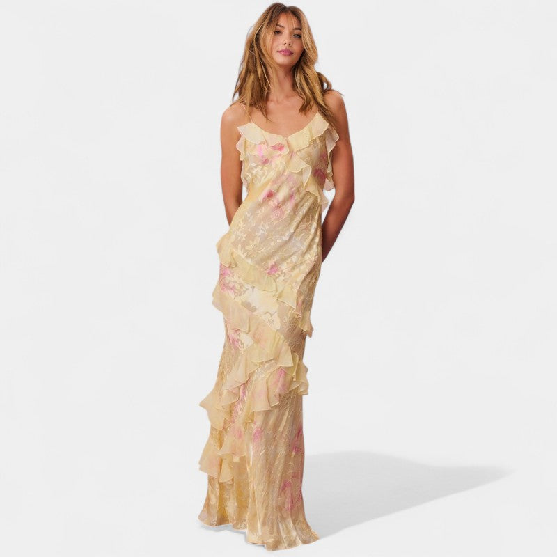 Gleame.-Jurken & Jumpsuits-Gleame Jurk - V-hals ruffled backless jurk met bloemenprint