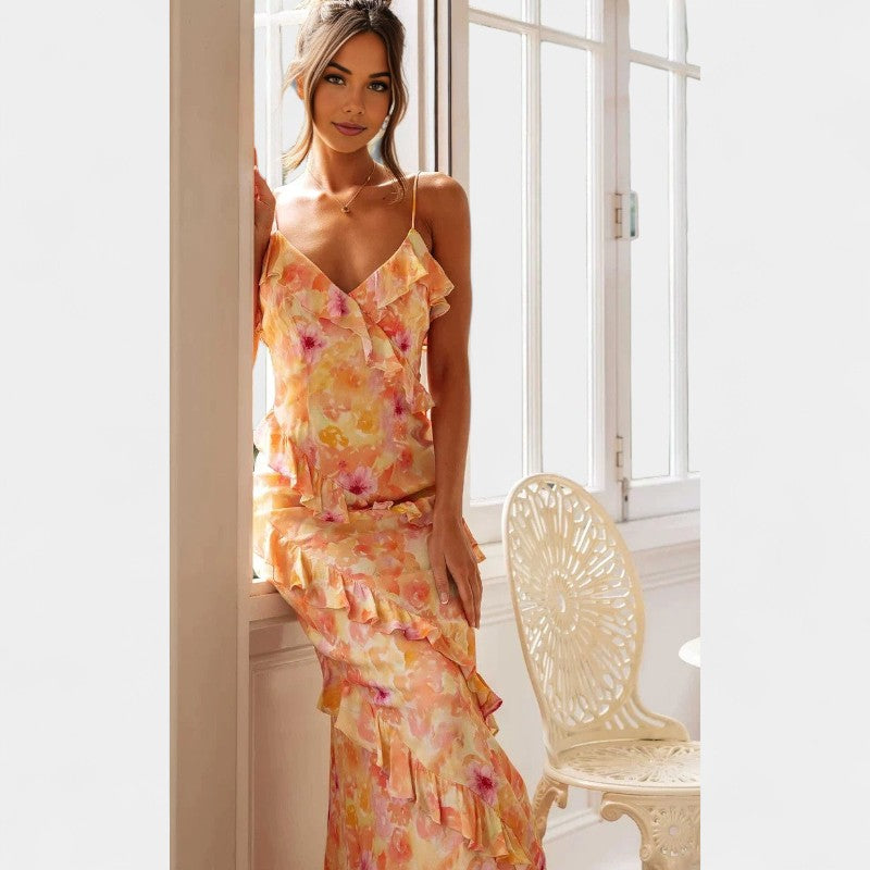 Gleame.-Jurken & Jumpsuits-Gleame Jurk - V-hals ruffled backless jurk met bloemenprint