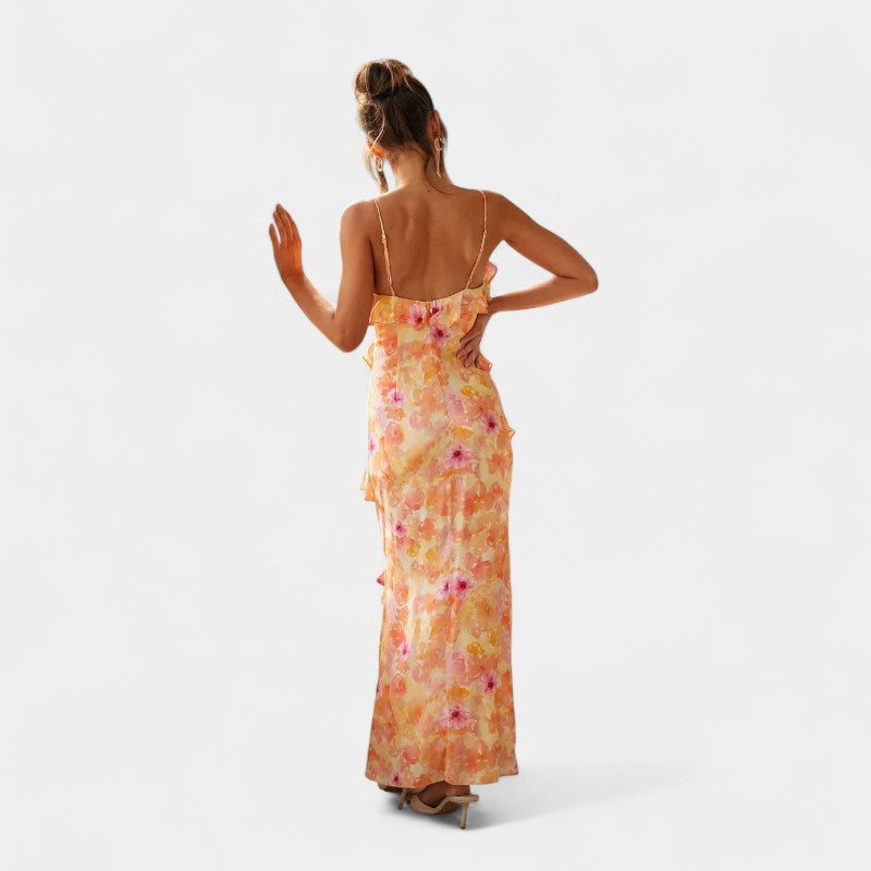 Gleame.-Jurken & Jumpsuits-Gleame Jurk - V-hals ruffled backless jurk met bloemenprint